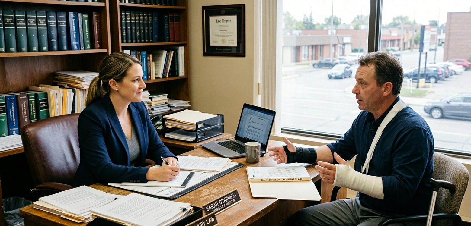An injured man meeting at a personal injury lawyer’s office.