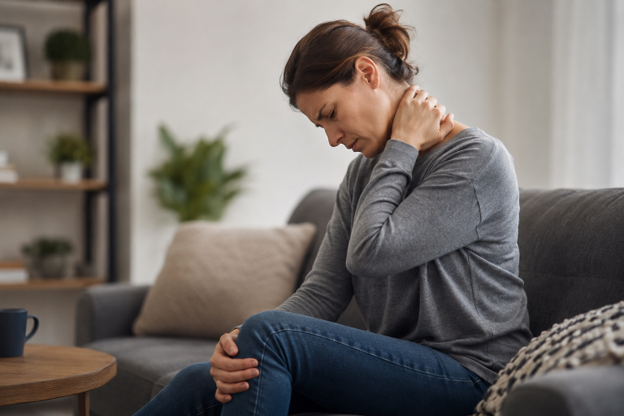 Woman sitting on a couch at home, holding her neck in discomfort to illustrate the invisible pain of an injury.