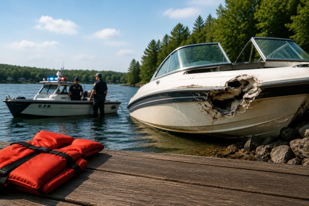 Damaged boat aground on rocks
