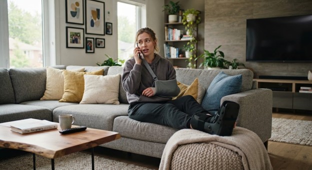 Injured person wearing a cast and arm sling sitting on a couch speaking with a personal injury lawyer on a cell phone.