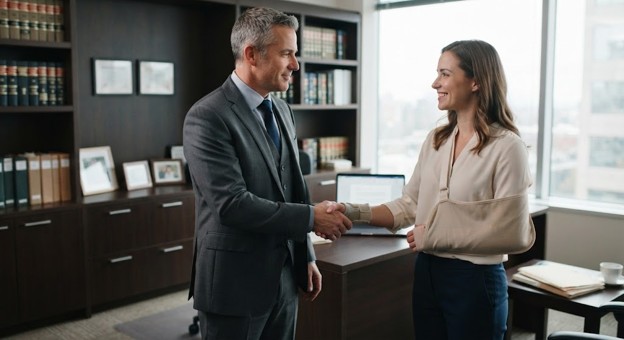 A personal injury lawyer shakes hands with a woman with an arm sling in a law office.